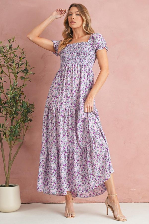 Women Purple Floral Short Bubble Sleeve Smocked High Waist Maxi Dress | Maxi Dresses - Image 3