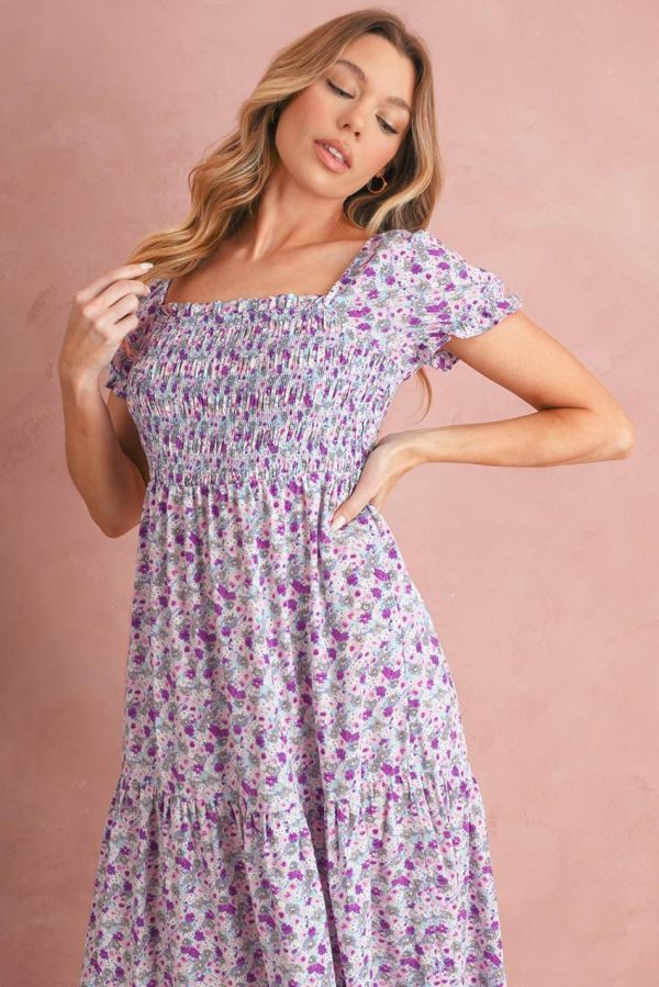 Women Purple Floral Short Bubble Sleeve Smocked High Waist Maxi Dress | Maxi Dresses - Image 4