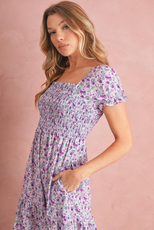 Women Purple Floral Short Bubble Sleeve Smocked High Waist Maxi Dress | Maxi Dresses - Image 5