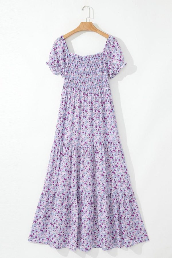 Women Purple Floral Short Bubble Sleeve Smocked High Waist Maxi Dress | Maxi Dresses - Image 6