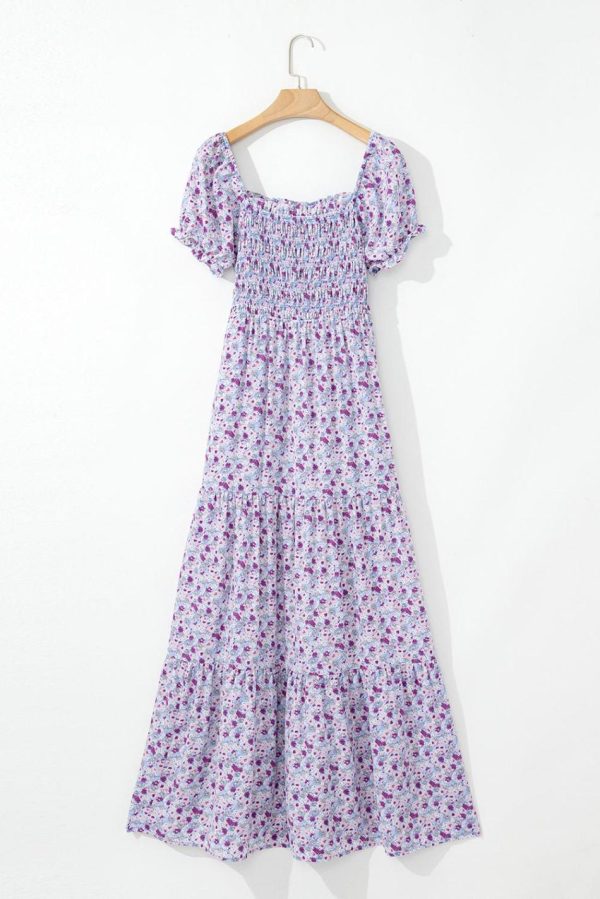 Women Purple Floral Short Bubble Sleeve Smocked High Waist Maxi Dress | Maxi Dresses - Image 7