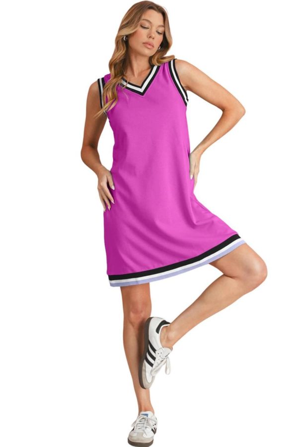 Women Purple Orchid Contrast Trim V Neck Sleeveless Mini Dress | Short Dresses - Image 4