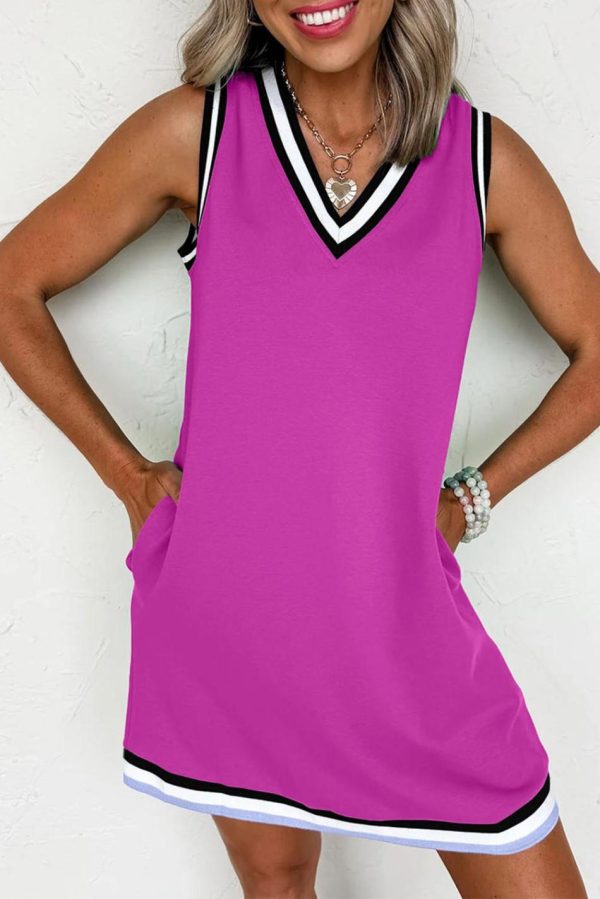 Women Purple Orchid Contrast Trim V Neck Sleeveless Mini Dress | Short Dresses - Image 5