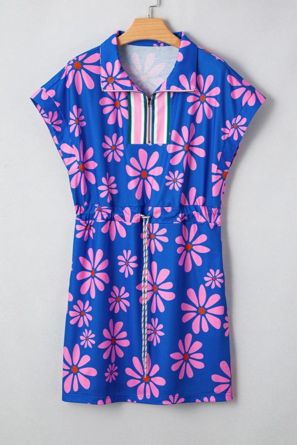 Women Purple Pop Of Color Quarter Zip Collar Drawstring Waist Floral Mini Dress | Short Dresses - Image 3