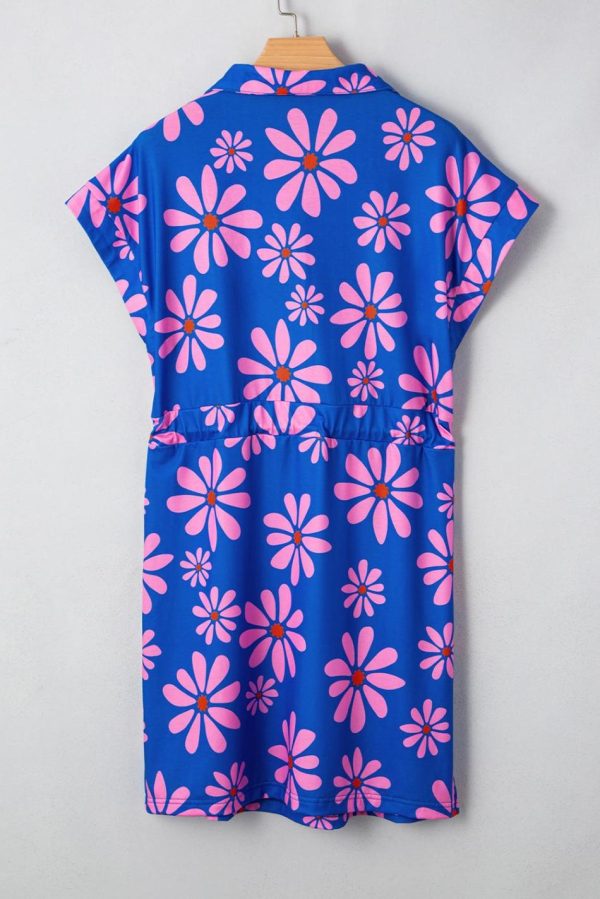 Women Purple Pop Of Color Quarter Zip Collar Drawstring Waist Floral Mini Dress | Short Dresses - Image 4