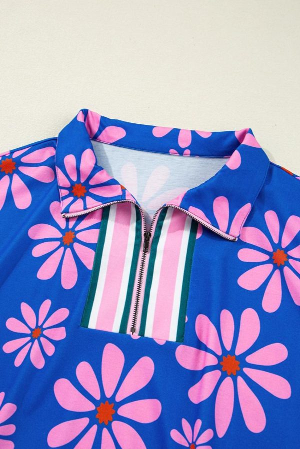 Women Purple Pop Of Color Quarter Zip Collar Drawstring Waist Floral Mini Dress | Short Dresses - Image 5