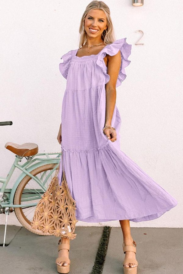 Women Purple Ruffled Flutter Sleeve Square Neck Textured Tiered Maxi Dress | Maxi Dresses