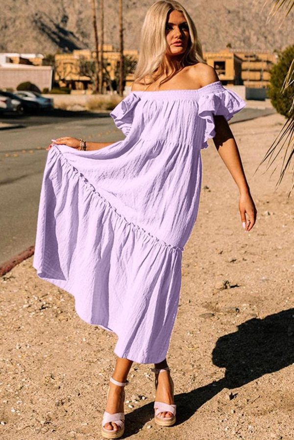 Women Purple Ruffled Flutter Sleeve Square Neck Textured Tiered Maxi Dress | Maxi Dresses - Image 2