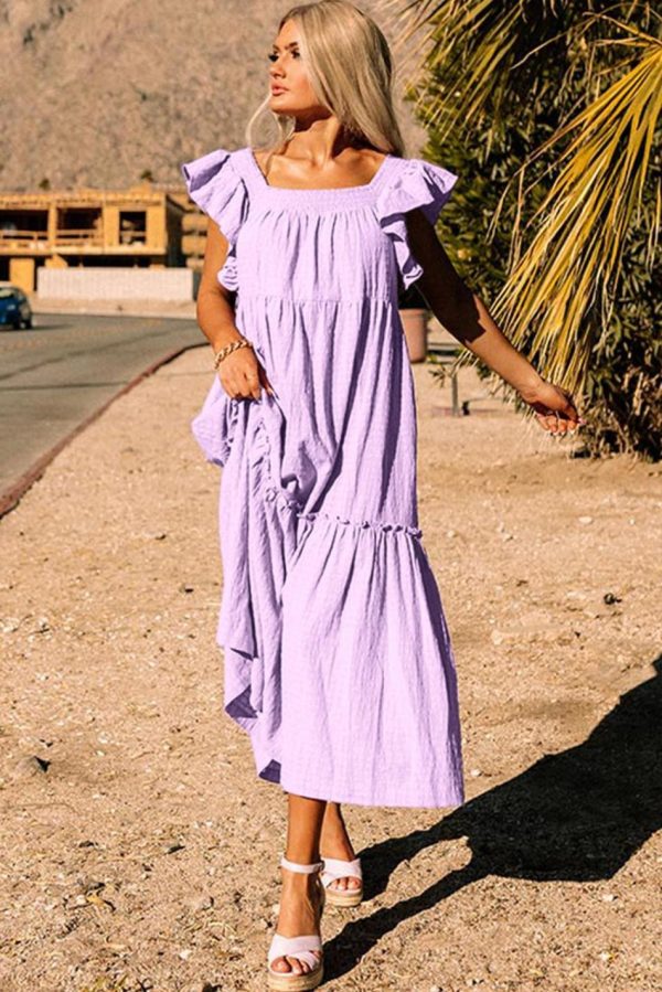 Women Purple Ruffled Flutter Sleeve Square Neck Textured Tiered Maxi Dress | Maxi Dresses - Image 3