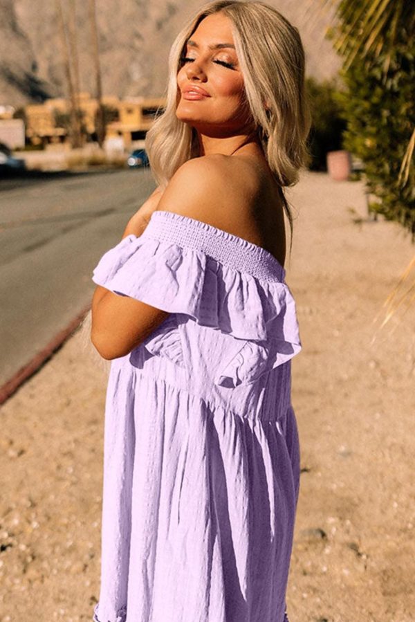 Women Purple Ruffled Flutter Sleeve Square Neck Textured Tiered Maxi Dress | Maxi Dresses - Image 4
