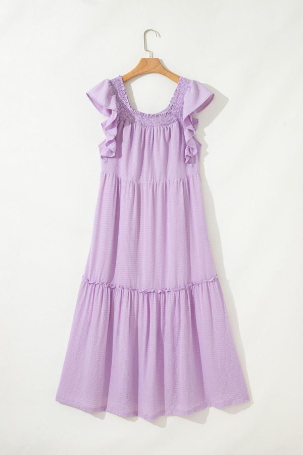 Women Purple Ruffled Flutter Sleeve Square Neck Textured Tiered Maxi Dress | Maxi Dresses - Image 5