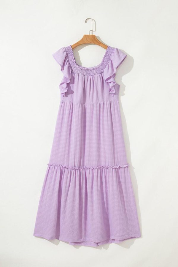 Women Purple Ruffled Flutter Sleeve Square Neck Textured Tiered Maxi Dress | Maxi Dresses - Image 6
