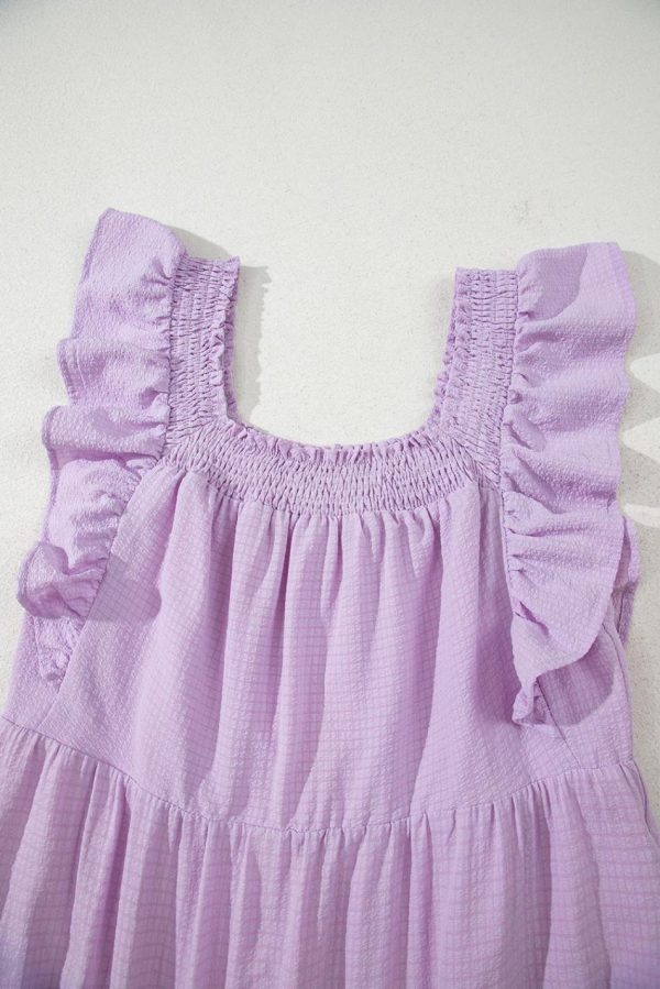 Women Purple Ruffled Flutter Sleeve Square Neck Textured Tiered Maxi Dress | Maxi Dresses - Image 7