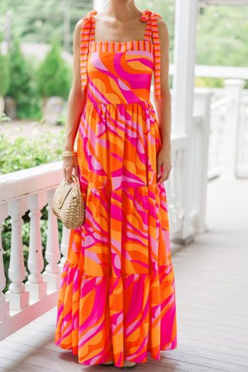 Women Red Abstract Print Knotted Shoulder High Waist Maxi Dress | Maxi Dresses
