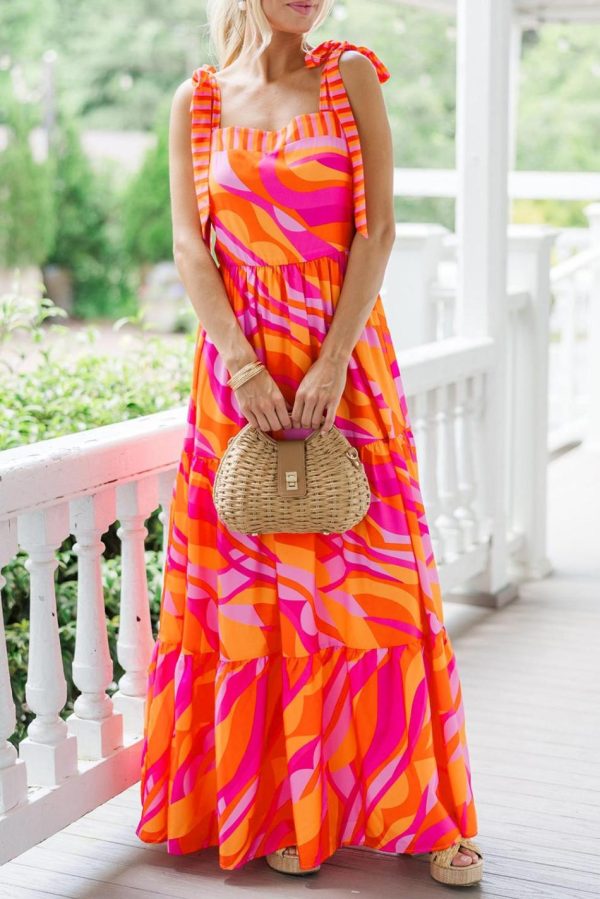 Women Red Abstract Print Knotted Shoulder High Waist Maxi Dress | Maxi Dresses - Image 2