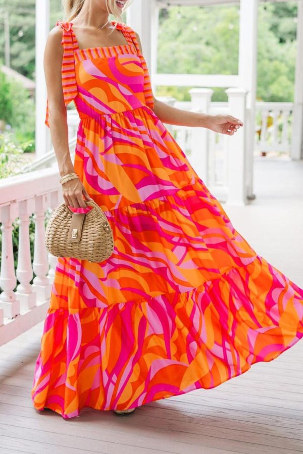 Women Red Abstract Print Knotted Shoulder High Waist Maxi Dress | Maxi Dresses - Image 3