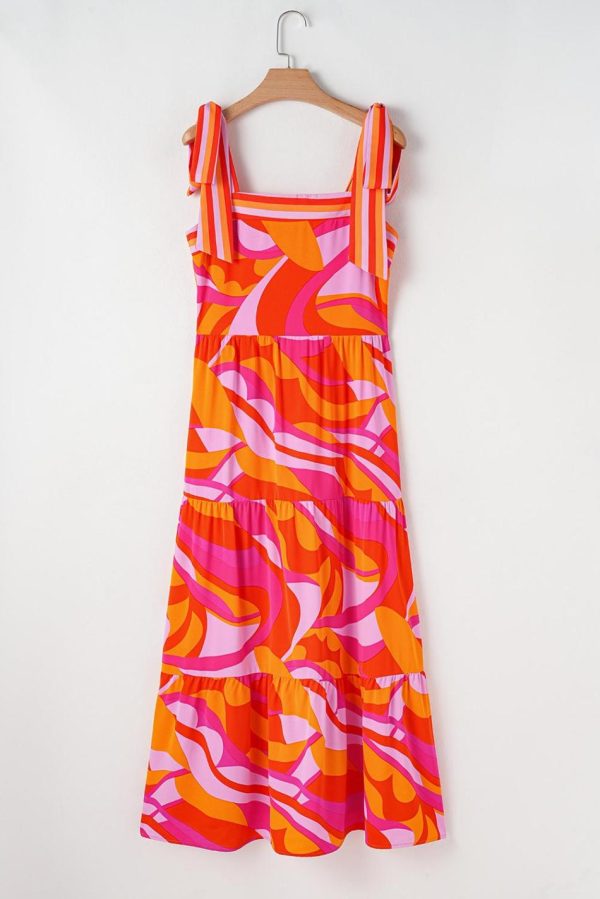 Women Red Abstract Print Knotted Shoulder High Waist Maxi Dress | Maxi Dresses - Image 4