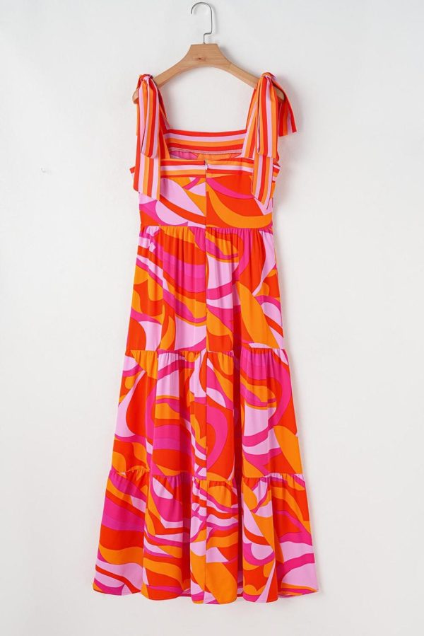 Women Red Abstract Print Knotted Shoulder High Waist Maxi Dress | Maxi Dresses - Image 5