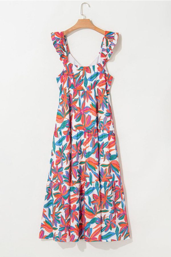 Women Red Boho Floral Ruffled Strap V Neck Maxi Dress | Maxi Dresses - Image 2
