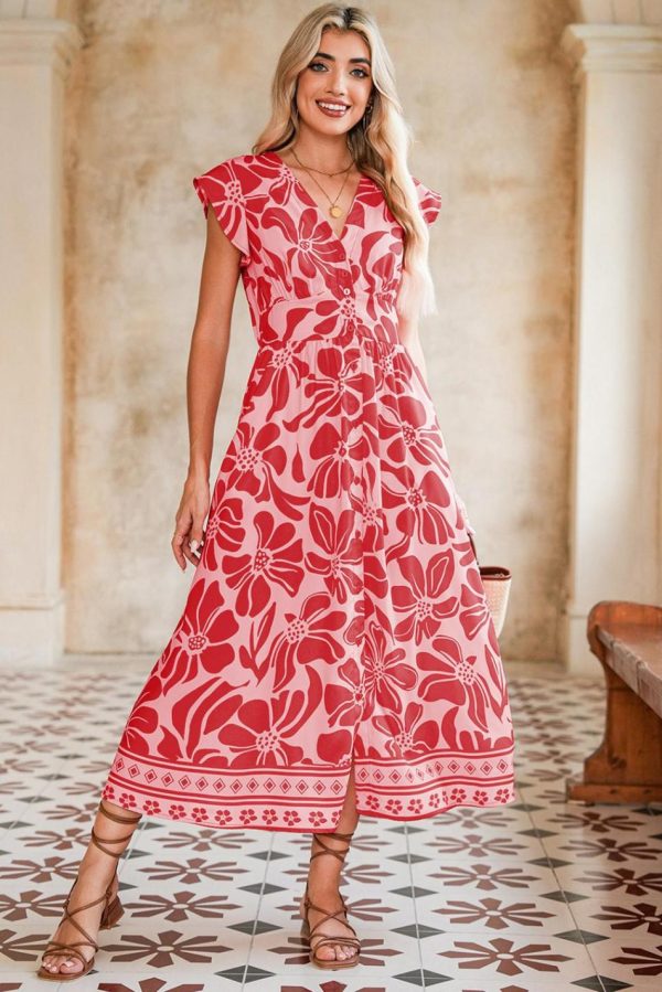 Women Red Boho Floral V-Neck Ruffle Shoulder Maxi Dress | Maxi Dresses - Image 2