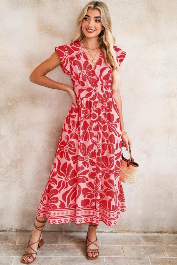 Women Red Boho Floral V-Neck Ruffle Shoulder Maxi Dress | Maxi Dresses - Image 3