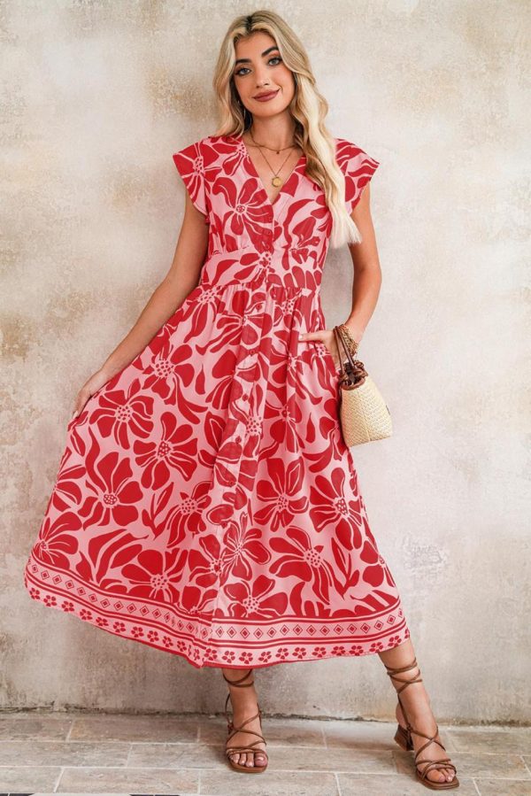 Women Red Boho Floral V-Neck Ruffle Shoulder Maxi Dress | Maxi Dresses - Image 4