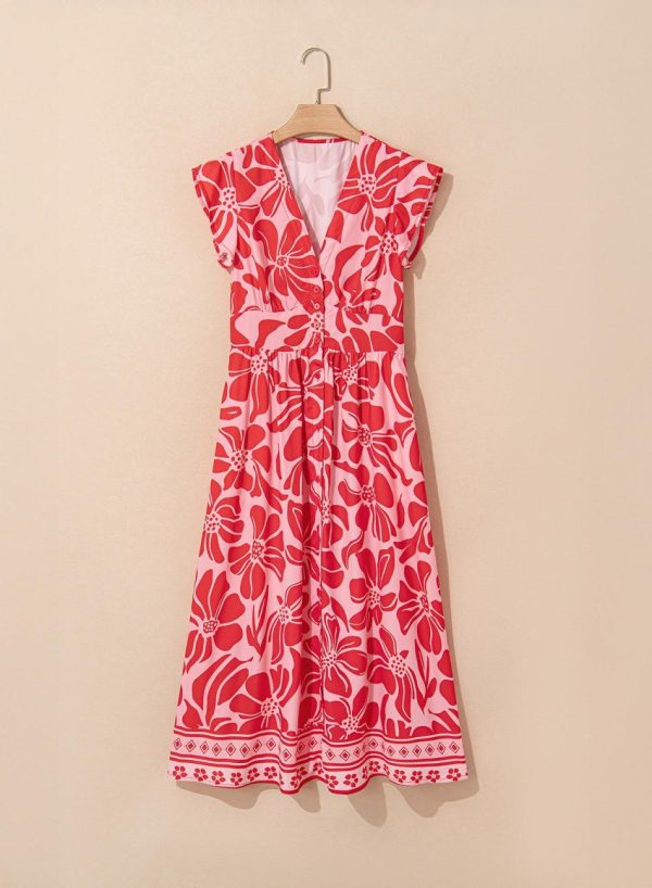 Women Red Boho Floral V-Neck Ruffle Shoulder Maxi Dress | Maxi Dresses - Image 5