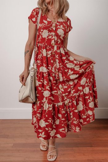 Women Red Floral Print Buttoned Front V Neck Tiered Midi Dress | Midi Dresses