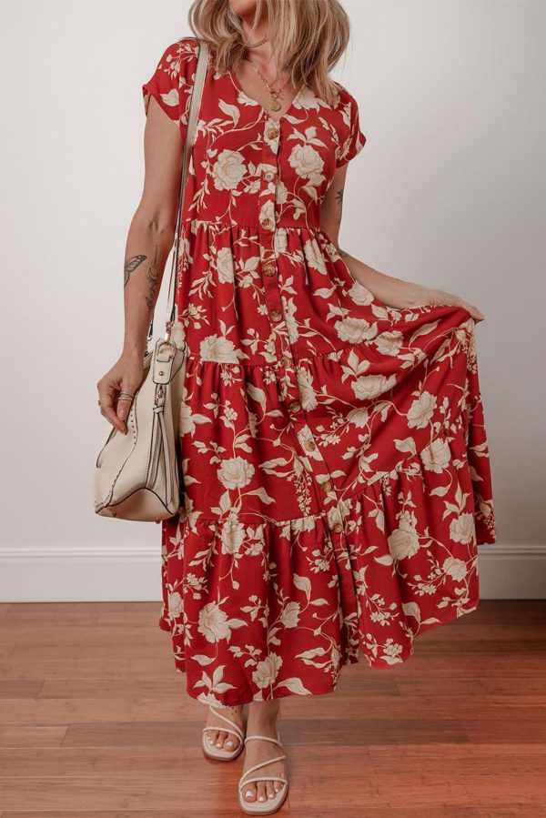 Women Red Floral Print Buttoned Front V Neck Tiered Midi Dress | Midi Dresses