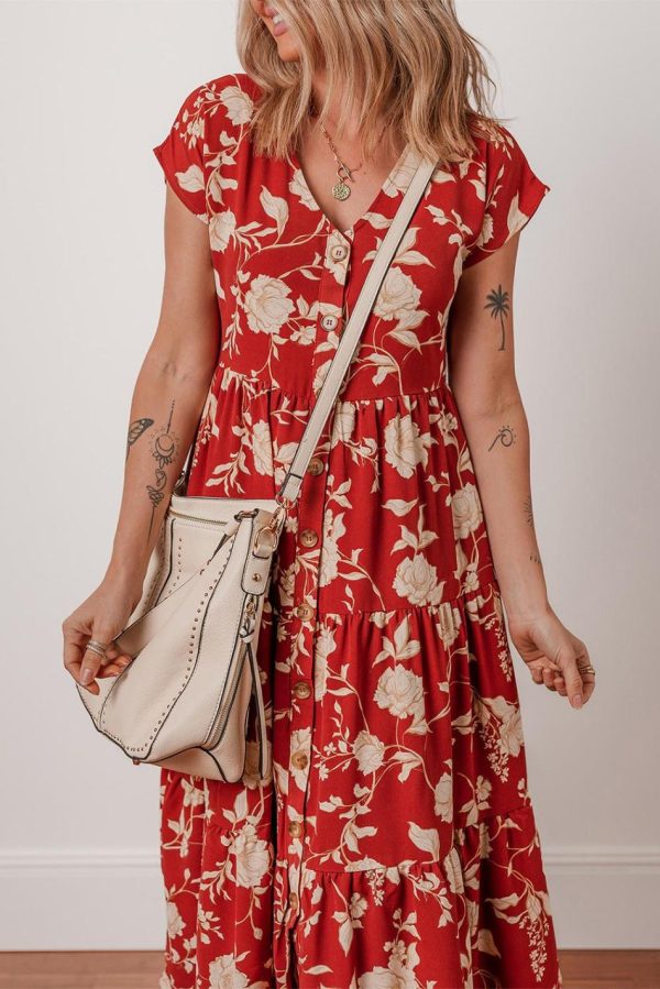 Women Red Floral Print Buttoned Front V Neck Tiered Midi Dress | Midi Dresses - Image 2