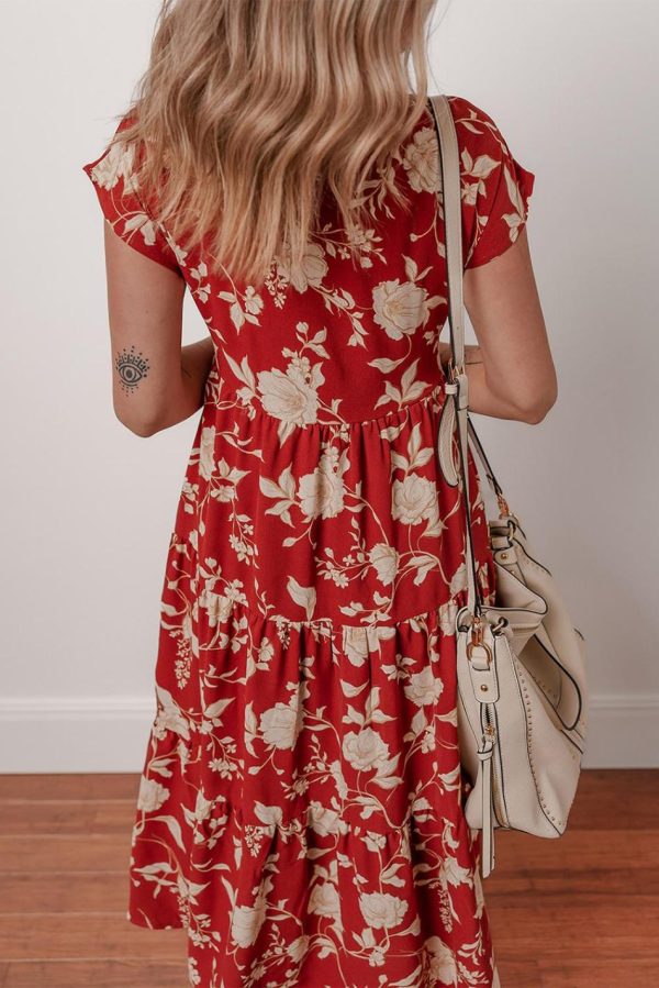 Women Red Floral Print Buttoned Front V Neck Tiered Midi Dress | Midi Dresses - Image 3