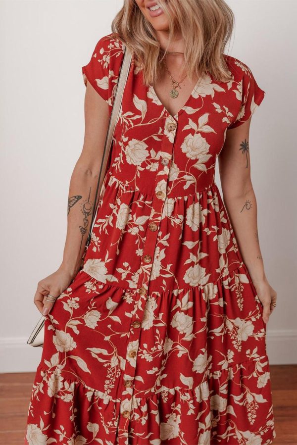 Women Red Floral Print Buttoned Front V Neck Tiered Midi Dress | Midi Dresses - Image 4