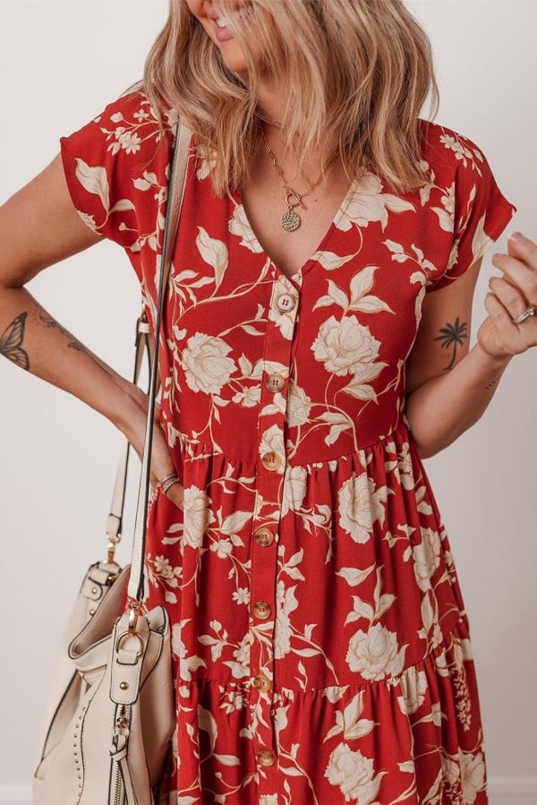 Women Red Floral Print Buttoned Front V Neck Tiered Midi Dress | Midi Dresses - Image 5
