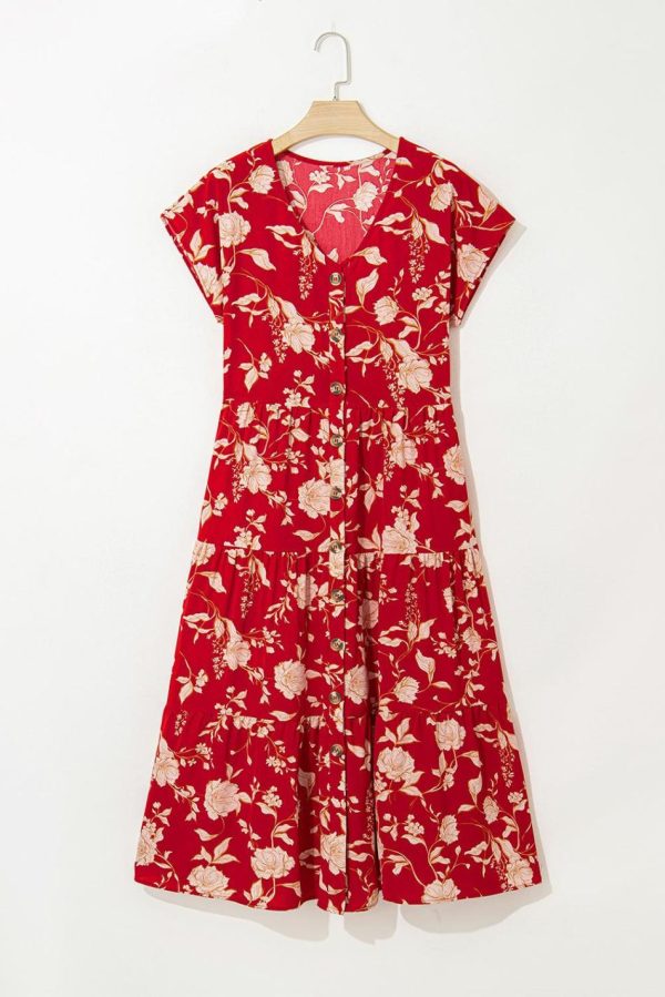Women Red Floral Print Buttoned Front V Neck Tiered Midi Dress | Midi Dresses - Image 6