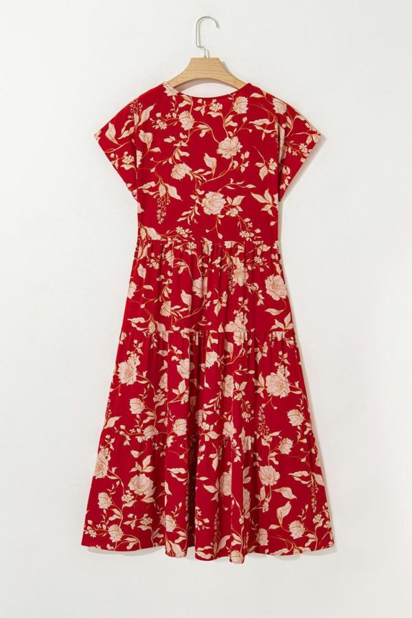 Women Red Floral Print Buttoned Front V Neck Tiered Midi Dress | Midi Dresses - Image 7