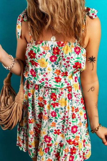 Women Red Floral Print Knotted Strap Cinched Waist Ruffle Hem Mini Dress | Short Dresses