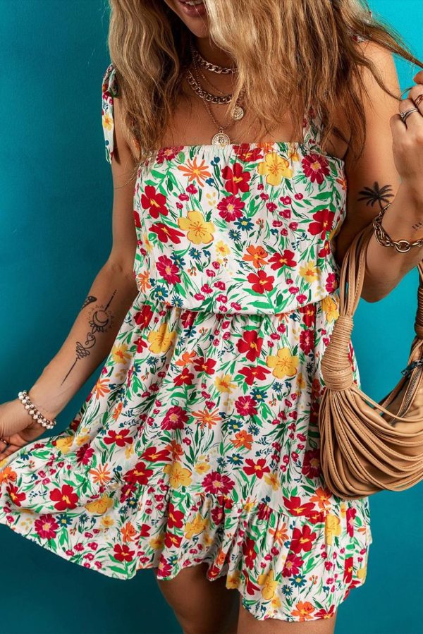 Women Red Floral Print Knotted Strap Cinched Waist Ruffle Hem Mini Dress | Short Dresses - Image 2