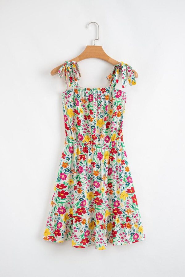 Women Red Floral Print Knotted Strap Cinched Waist Ruffle Hem Mini Dress | Short Dresses - Image 3