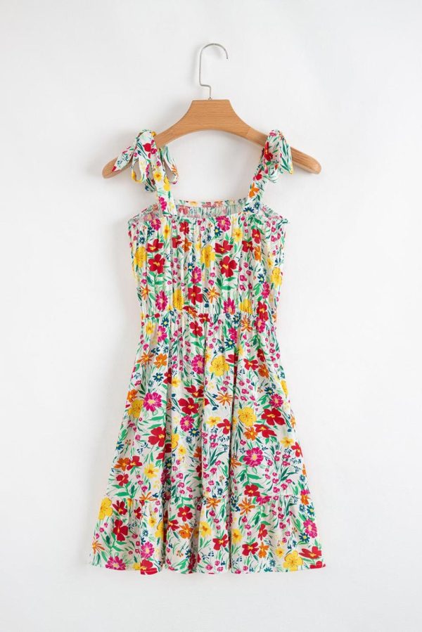 Women Red Floral Print Knotted Strap Cinched Waist Ruffle Hem Mini Dress | Short Dresses - Image 4
