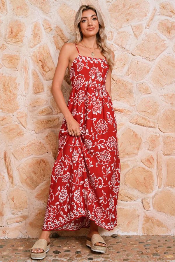 Women Red Floral Print Spaghetti Strap Empire Waist Maxi Dress | Maxi Dresses - Image 3