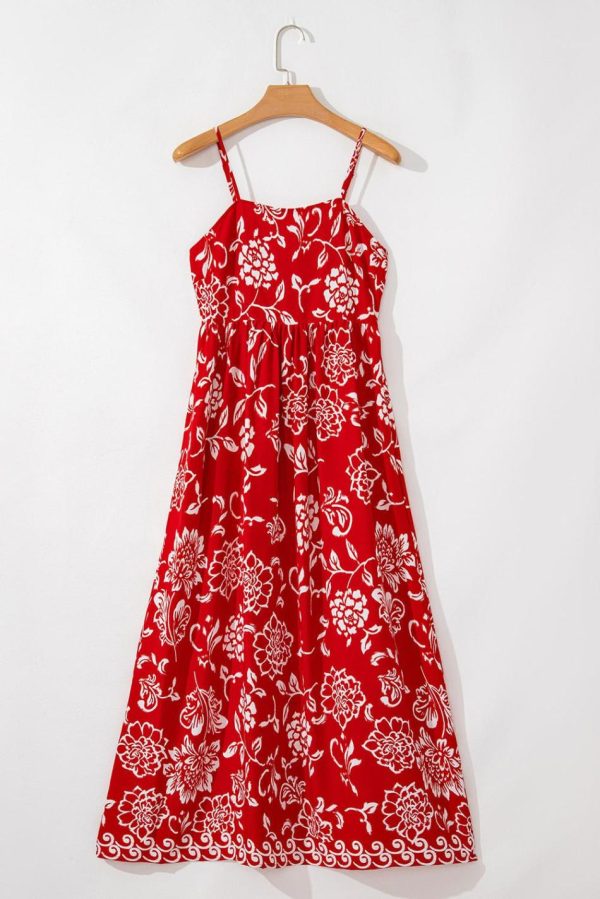 Women Red Floral Print Spaghetti Strap Empire Waist Maxi Dress | Maxi Dresses - Image 4