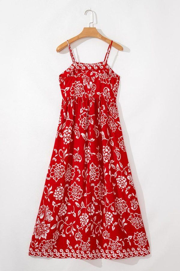 Women Red Floral Print Spaghetti Strap Empire Waist Maxi Dress | Maxi Dresses - Image 5