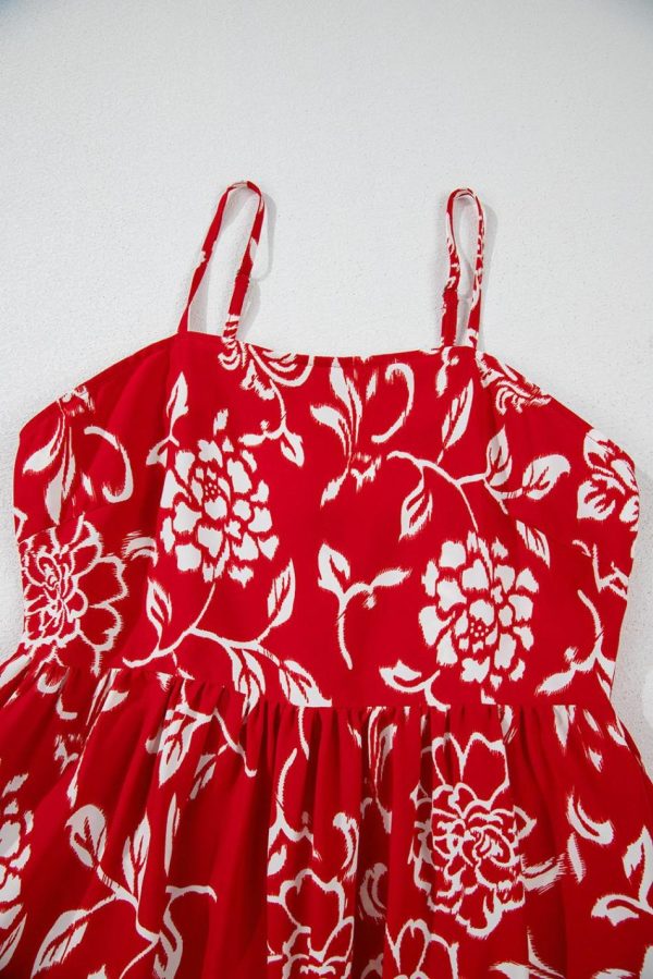 Women Red Floral Print Spaghetti Strap Empire Waist Maxi Dress | Maxi Dresses - Image 6