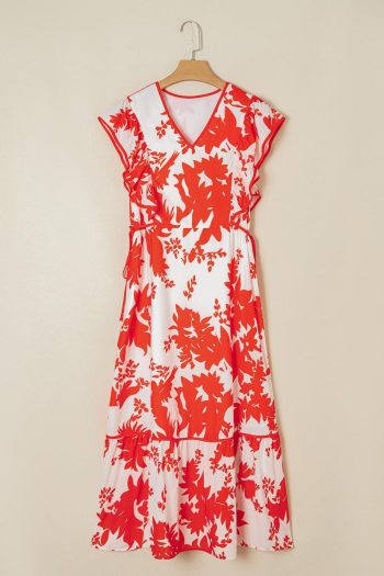 Women Red Floral Print Trimmed V Neck Ruffle Sleeve Maxi Dress | Maxi Dresses