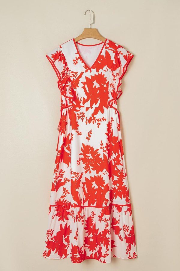 Women Red Floral Print Trimmed V Neck Ruffle Sleeve Maxi Dress | Maxi Dresses