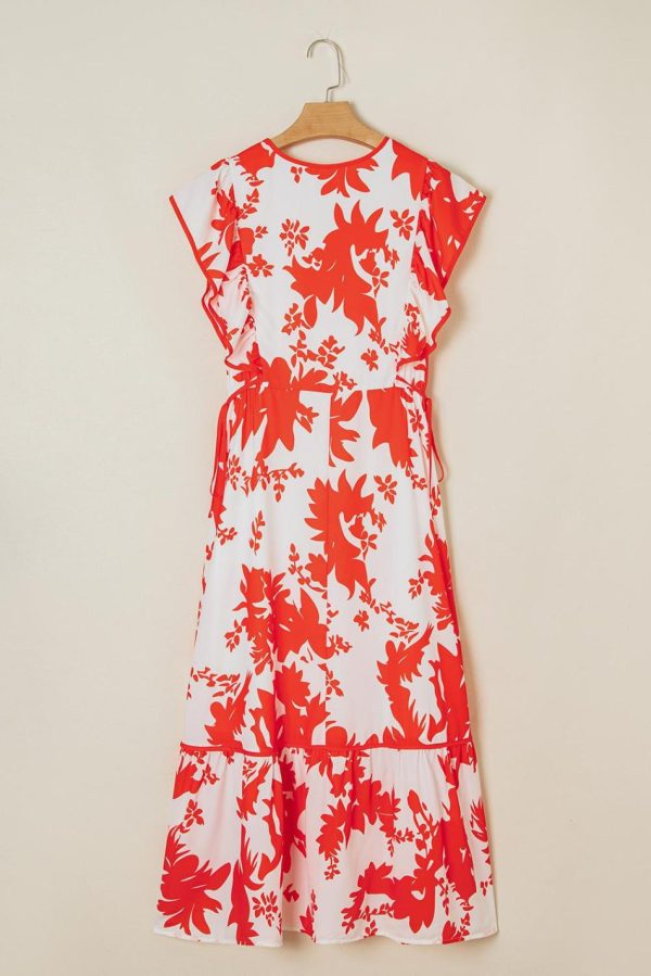 Women Red Floral Print Trimmed V Neck Ruffle Sleeve Maxi Dress | Maxi Dresses - Image 2