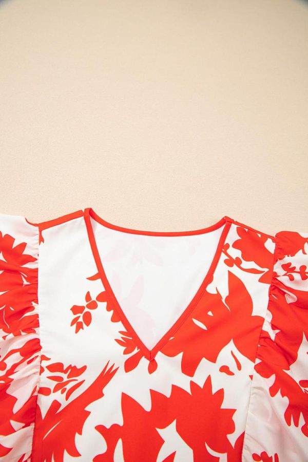Women Red Floral Print Trimmed V Neck Ruffle Sleeve Maxi Dress | Maxi Dresses - Image 3