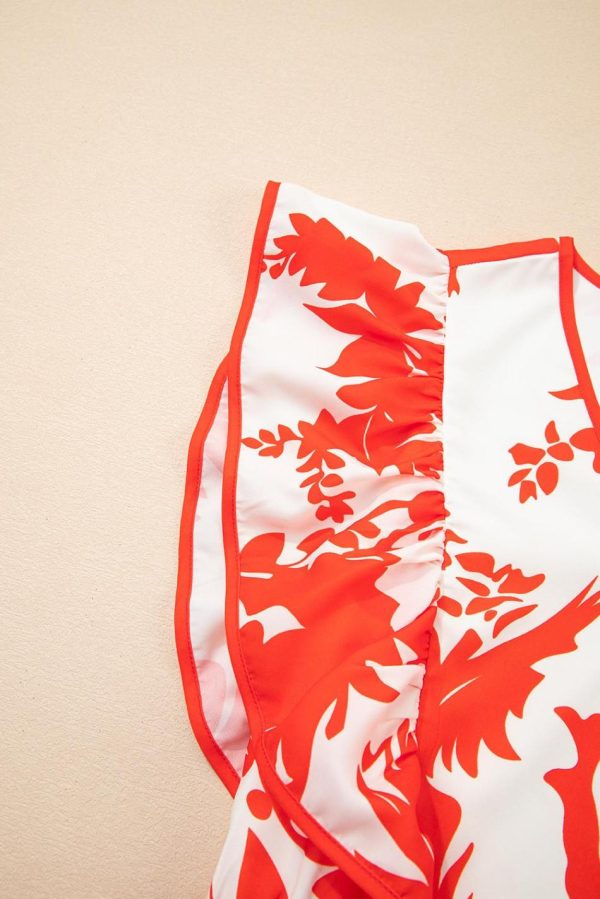Women Red Floral Print Trimmed V Neck Ruffle Sleeve Maxi Dress | Maxi Dresses - Image 4