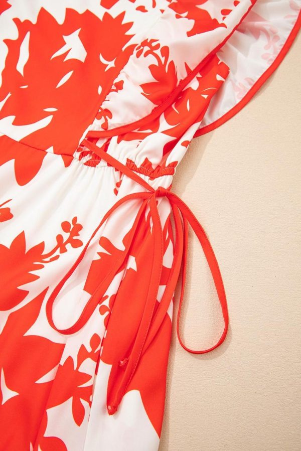 Women Red Floral Print Trimmed V Neck Ruffle Sleeve Maxi Dress | Maxi Dresses - Image 5