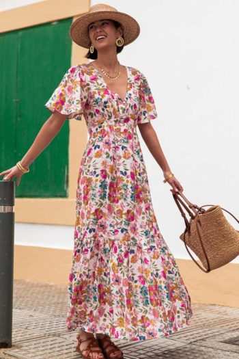 Women Red Floral Short Sleeve V Neck High Waist Maxi Dress | Maxi Dresses